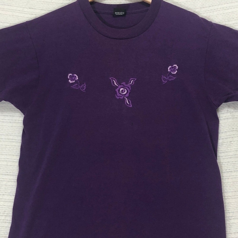 Screen Stars Best Purple Single Stitch T-Shirt Embroidered Roses Made in USA L